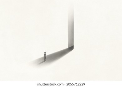 Illustration Of Man Entering In A Surreal Black Light Dark Door, Surreal Abstract Concept Optical Illusion