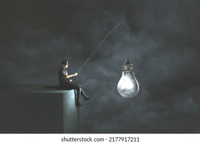 Illustration Of Man Fishing New Ideas, Business Creativity Surreal Concept
