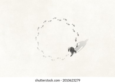 Illustration Of Man Following His Footsteps In Circle; Life Concept