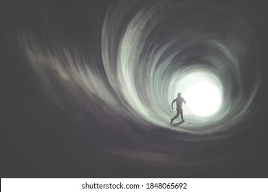 illustration of man getting out of dark tunnel toward the light, surreal concept