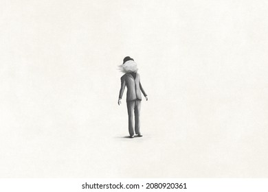 Illustration Of Man With Head In The Cloud, Surreal Abstract Concept