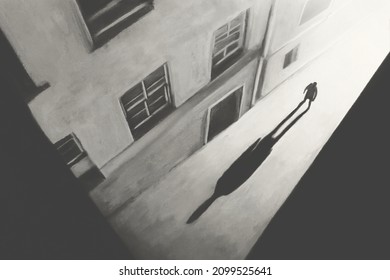 Illustration des Menschen und seiner großen Schatten, die in der Stadt spazieren, surreales Konzept