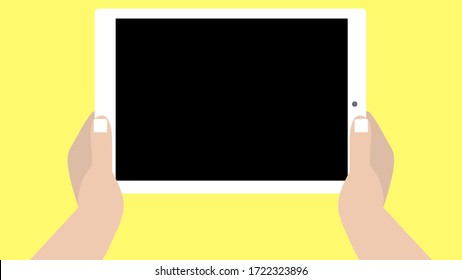 Illustration Of A Man Holding In Both Hands Looking At And Taking A Photo With A Tablet With Copy Space From Directly Behind