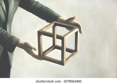 Illustration of man holding impossible cube, abstract surreal optical illusion paradox concept