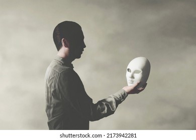 Illustration of man holding white anonymous mask, surreal abstract dramatic concept