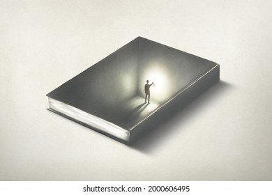 Illustration des Menschen in einem Buch, surreales optisches Illusionsbildungskonzept