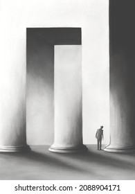 Illustration Of Man Inside A Surreal Building, Optical Illusion Abstract Concept