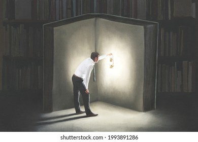 Illustration des Menschen mit Lampe Lesen eines großen Buches in der Nacht, surreales Konzept
