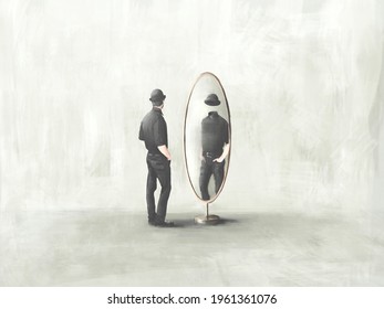 illustration of  man looking at himself headless reflected in the mirror, surreal identity concept