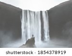 illustration of man looking at majestic powerful waterfall, natural concept