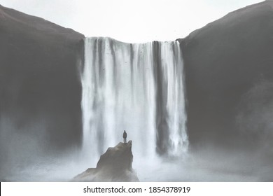 illustration of man looking at majestic powerful waterfall, natural concept - Powered by Shutterstock