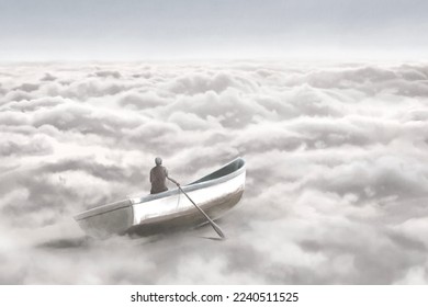 Illustration of man on a boat navigating on a sea of clouds, surreal dream abstract concept - Powered by Shutterstock