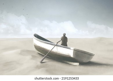 Illustration Of Man On A Canoe Navigating In The Desert, Mirage Surreal Abstract Concept