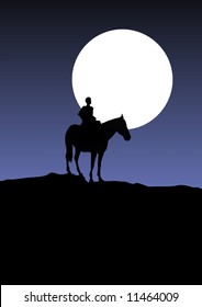 Illustration of a man on a horse with the moon in the background
