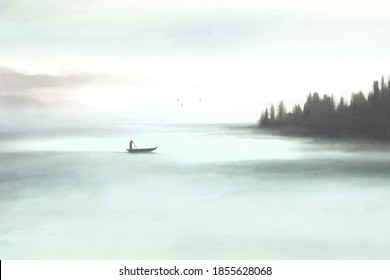 illustration of man paddling in a calm mystic minimal surreal lake
