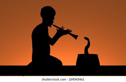 Illustration Of A Man Playing A Flute And Charming A Snake