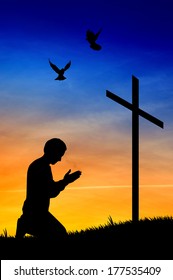 illustration of a man praying under the cross