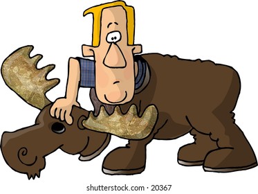 Illustration of a man putting on a moose costume.
