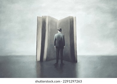 Illustration of man reading a big book, surreal abstract learning concept - Powered by Shutterstock