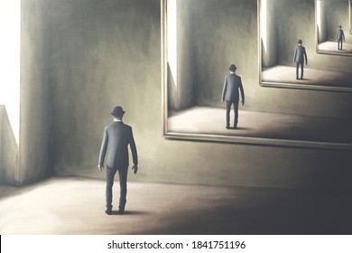 illustration of man reflecting himself in the mirror, loop surreal concept