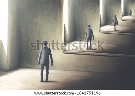 illustration of man reflecting himself in the mirror, loop surreal concept Сток-фото © 