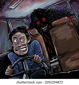 Illustration Of A Man Seeing A Ghost In The Car.