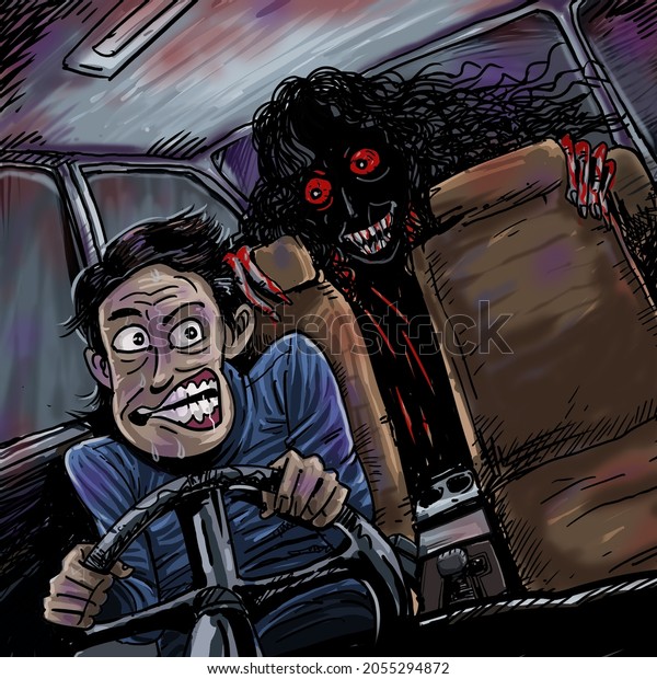 Illustration of a man
seeing a ghost in the
car.