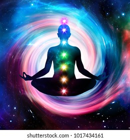 Illustration man sitting in pose of lotus. Meditation on outer space background with glowing chakras. 
