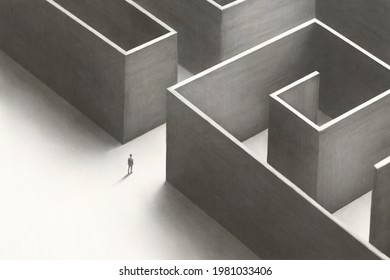 Illustration des Menschen, der ein großes Labyrinth löst, abstraktes Konzept