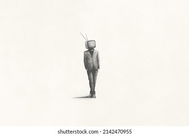 Illustration of man with television over his head, surreal concept