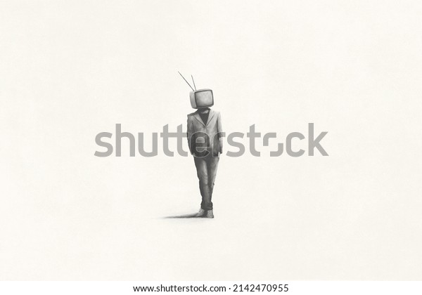 Illustration of man with television over his\
head, surreal\
concept