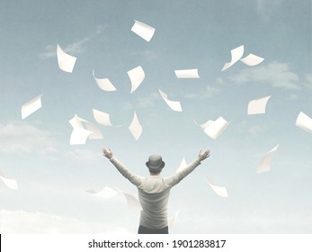 Illustration Of Man Throwing Sheets Of Paper In The Air, Surreal Concept