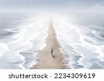 Illustration of man walking in the beach between two blue seas, surreal abstract path concept