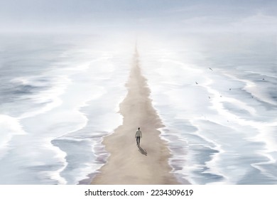 Illustration of man walking in the beach between two blue seas, surreal abstract path concept - Powered by Shutterstock