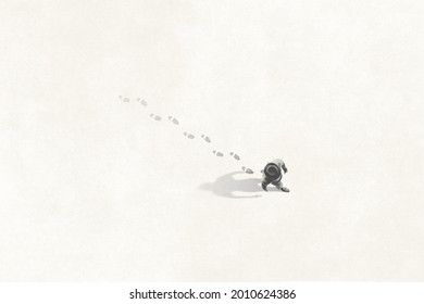 Illustration Of Man Walking In The Streets Leaving Footsteps On The Ground, Past Concept