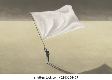 Illustration Of Man Waving Big White Flag, Surreal Abstract Concept