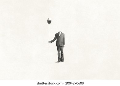 Illustration Of Man Without Face Holding Black Balloon With Hat, Surreal Absence Concept