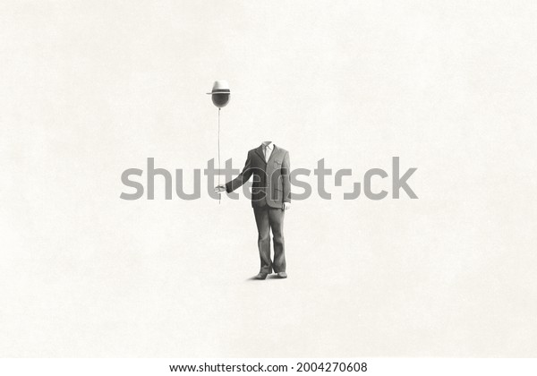illustration of man without face holding black\
balloon with hat, surreal absence\
concept