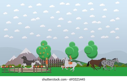 Illustration of man and woman taming and training wild animals, galloping brown and dappled horses. Free horses flat style design. - Powered by Shutterstock