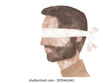illustration of a man's profile with a blindfold. The analogy of secrecy, escape from reality and problems, escape from the world, unwillingness to see the truth