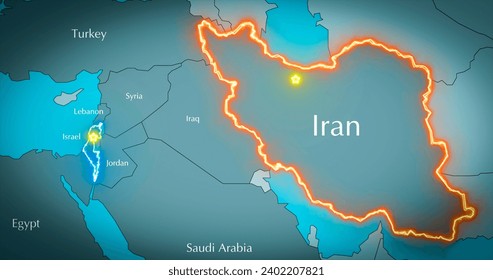 Illustration of map of Middle East. Relations between Israel and Iran. International crisis.