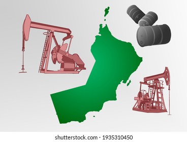 Illustration With A Map Of Oman, Oil Extraction Machines And Barrels