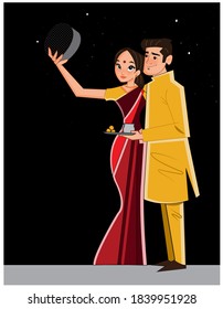 Illustration of married man and women on the indian festival of karwa chauth