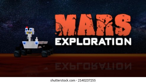 Illustration Of Mars Exploration Rover Robotic Space Mission 3D Rendering And Illuminated Letters With Night Sky Background. 