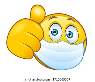 An illustration of a masked emoji with a thumbs up sign
