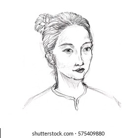 illustration of Mature Asian woman pencil drawing