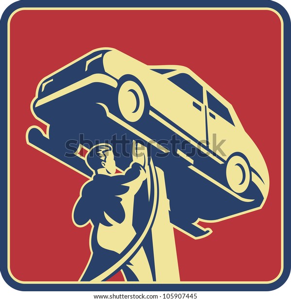 Illustration\
of a mechanic technician car automobile repair viewed from low\
angle set inside square done in retro\
style.