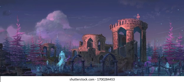 An illustration of the medieval fantasy abandoned fort in graveyard with the  knights spirit.