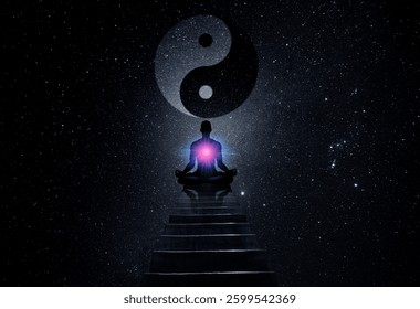 Illustration. Meditating in Harmony Finding Balance Between Yin and Yang in the Cosmos