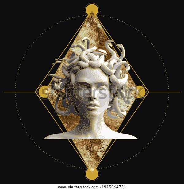 illustration with medusa in geometric style\
with gold lines and black\
background\
